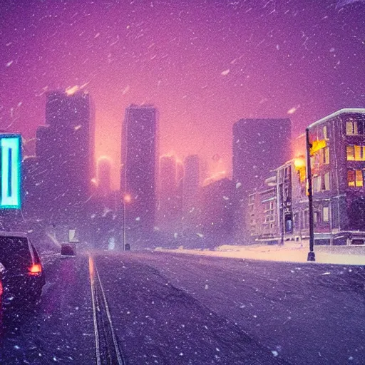Prompt: synthwave, snowstorm, city