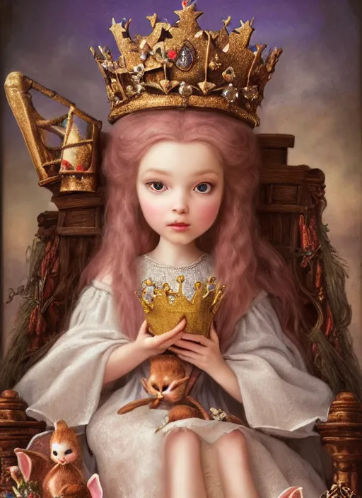 Image similar to highly detailed closeup portrait of a fairytale medieval princess wearing a crown and sitting on a throne, surrounded by cute bunnies, unreal engine, nicoletta ceccoli, mark ryden, earl norem, lostfish, global illumination, god rays, detailed and intricate environment