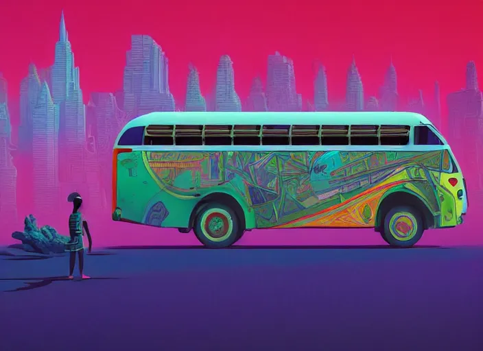 Image similar to a colorful indian bus by paolo eleuteri serpieri and tomer hanuka and chesley bonestell and daniel merriam and tomokazu matsuyama, unreal engine, high resolution render, featured on artstation, octane, 8 k, highly intricate details, vivid colors, vector illustration