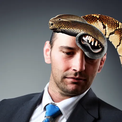 Image similar to A man with the head of a python in a business suit