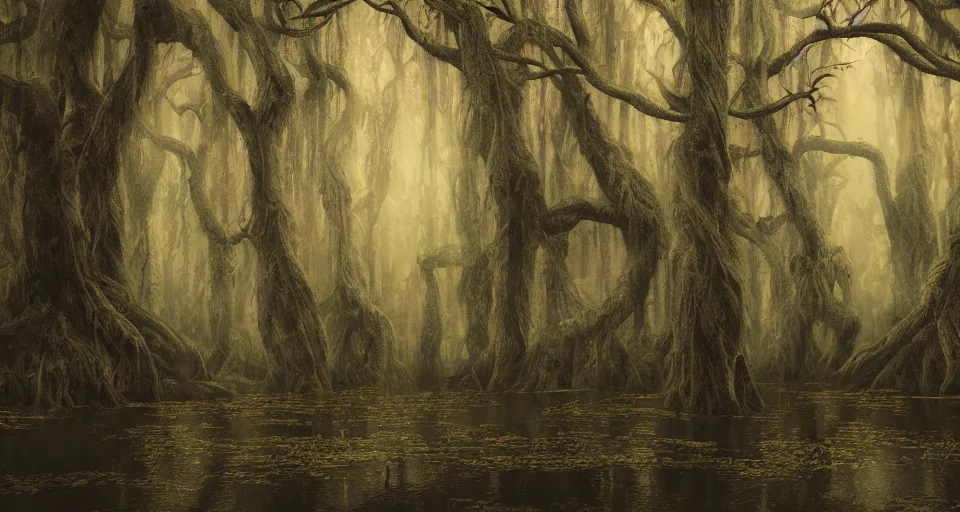 Image similar to A dense and dark enchanted forest with a swamp, by Esao Andrew