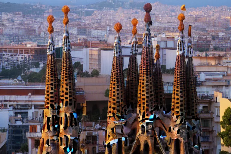 Image similar to views of catastrophic barcelona's sagrada familia covered with high water, global warming, floating cars, sunset lighting, photo real