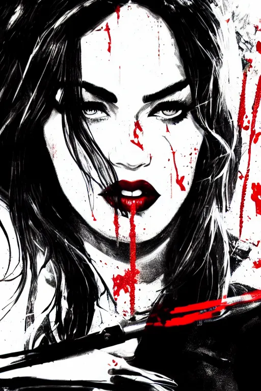 Prompt: dream of a film still from sin city, closeup portrait of film noir megan fox private detective, detailed illustration, digital art, trending on artstation, frank miller, martin ansin, movie poster, dripping paint, red on black, graffiti, gta v,