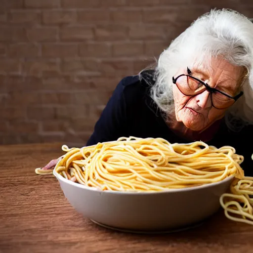 Image similar to grandma falling into a pit of spaghetti