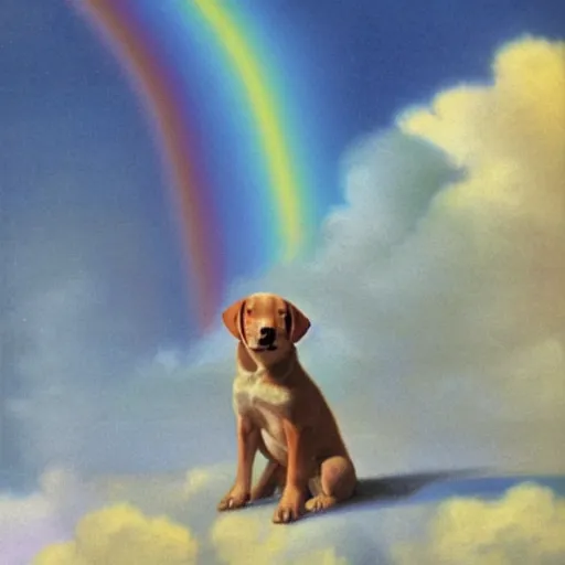 Image similar to a puppy sitting in front of a rainbow that extends to the clouds in heaven, digital art by Gil Elvgren