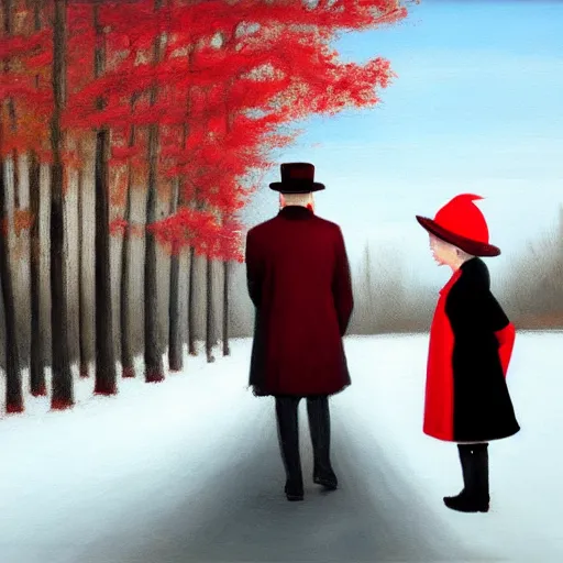 Image similar to A thin man in a black coat and bowler hat talks with small girl who is dressed in a red coat and a red hat, park, autumn, oil painting style, wide angle, high detail, width 768