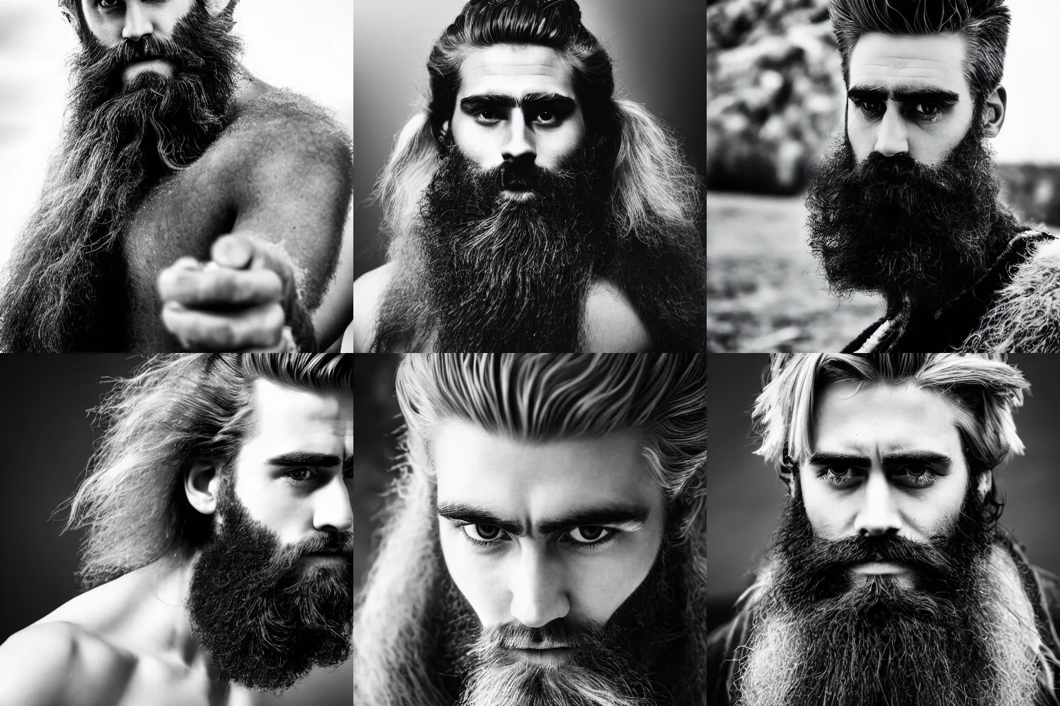 Prompt: portrait of a young bearded frost giant man with characteristic hairstyle, black and white photography, 4K