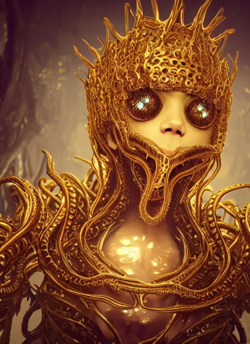 Prompt: a photo of 8 k ultra realistic angry corrupted lovecraftian royal golden humanoid queen at a board meeting, 8 intricate white and gold tentacles, face enhance, ornate white and gold armour, cinematic lighting, trending on artstation, 4 k, hyperrealistic, focused, extreme details, unreal engine 5, cinematic, masterpiece