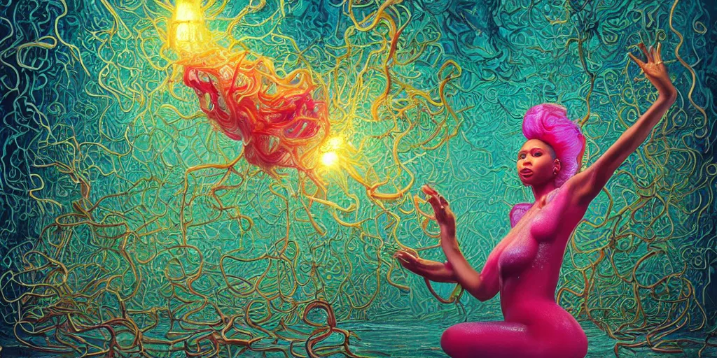 Image similar to nicki minaj, epic image of a glossy wet levitating floating fungus spirit with arms outstretched, made from colorful wet fungus tendrils. illustration by james jean, by ivan bilibin. uhd, amazing depth, glowing, golden ratio, 3 d octane cycle unreal engine 5, volumetric lighting, cinematic lighting, cgstation artstation concept art