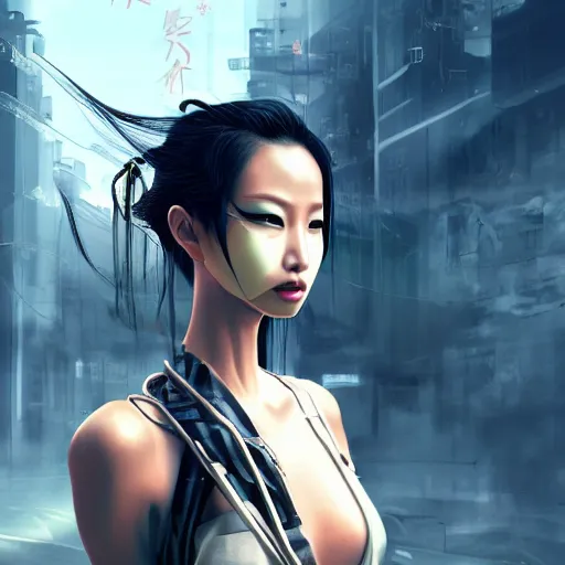 Image similar to concept art of asian female supermodel with robotic mask. steampunk vr googles. futuristic tokyo. anime and manga. comic style. artstation concept art, matte painting. ambient and neonoir mood.