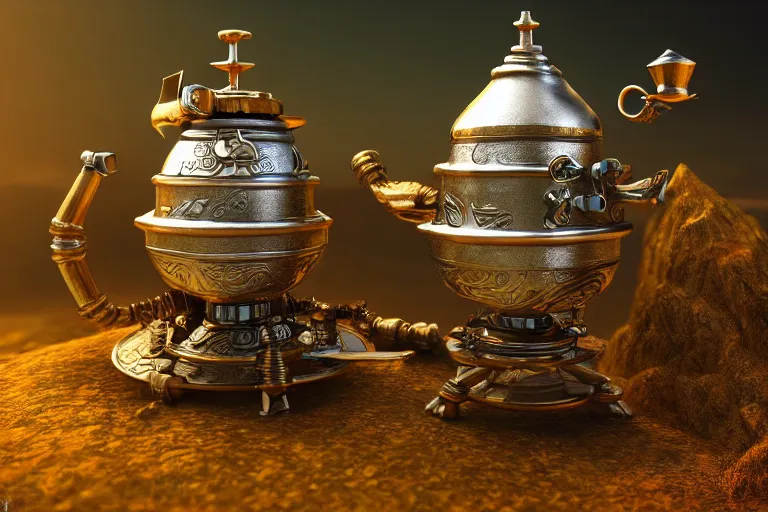 Prompt: a very detailed concept art lord of the rings samovar, trending on artstation, digital art, 4 k, hyper realistic, octane render, sharp focus