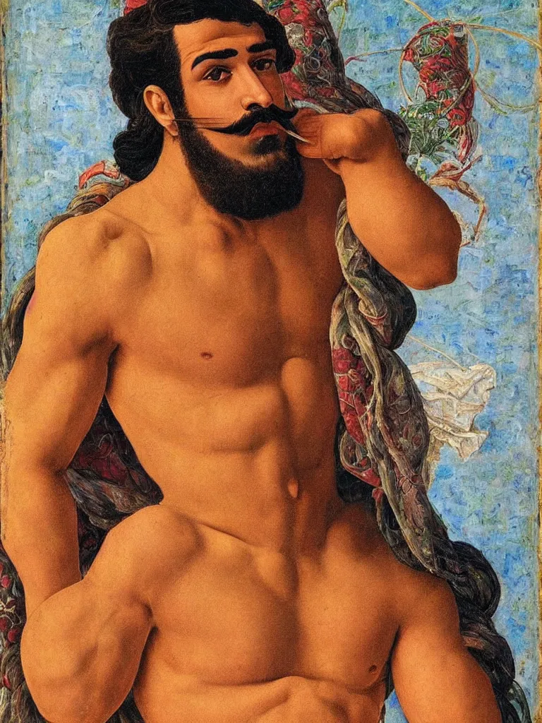 Image similar to close up portrait of a 20 years old muscular persian iranian wrestler handsome man flexing and posing with a mustache by victor Nizovtsev and Botticelli