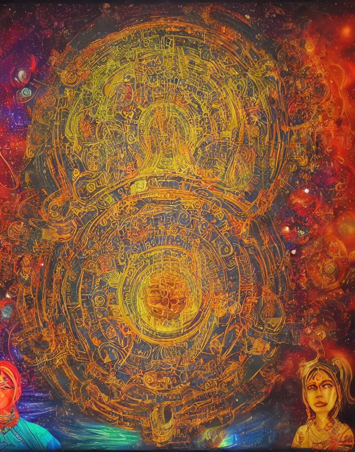 Prompt: CERN Hindu temple planetary alignment ritual, lsd visuals, detailed and highly reliefed analogue mixed media collage with canvas texture in style of conteporary art, photorealistic, expressionism, masterpiece, perfect composition, hyperrealistic beautiful face, spectacular quality, intricate oil pastel glow, dynamic lighting, photorealistic, fantasy concept art, ambient lighting, atmospheric, stunning visuals, creative, cinematic, ultra detailed, trending on art station