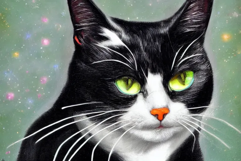 Image similar to a portrait of a beautiful black and white cat in space wearing a tuxedo with colorful bright green eyes, medium shot, hd, 8k, hyper-realism, detailed,