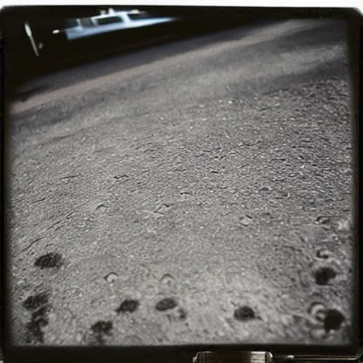 Prompt: wide-shot, low-angle eyesight first-person!! cat's paw prints on fresh cement at the street, polaroid photo, by Andy Warhol