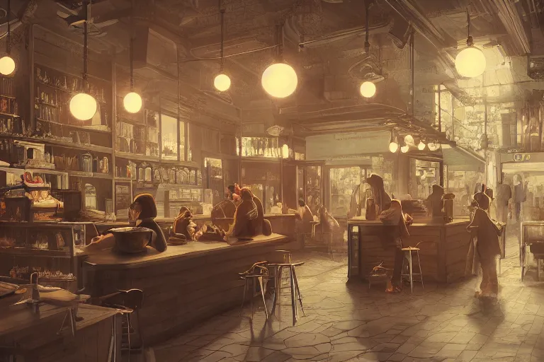 Image similar to a storybook illustration of inside a coffee shop, hyper realistic, ambient lighting, concept art, intricate, hyper detailed, smooth, dynamic volumetric lighting, octane, raytrace, cinematic, high quality, high resolution, 4 k