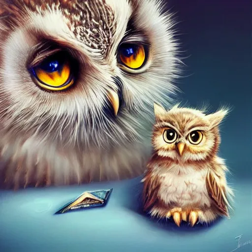 Image similar to a wise owl and a cute kitten, digital art, concept art, gemmy woud binnendijk, nixeu, artgerm