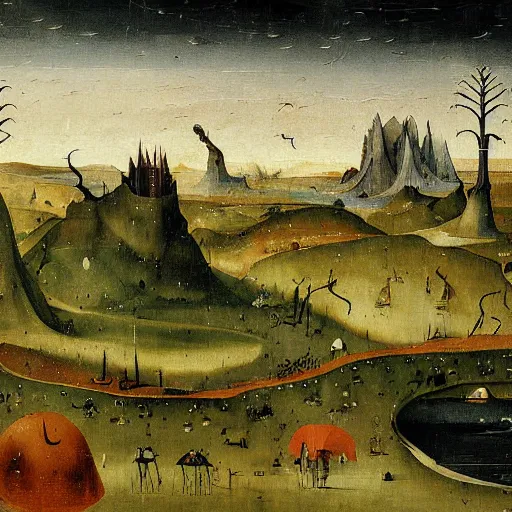 Prompt: intricate, detailed painting of Caelid landscape and its monsters by Hieronymous Bosch, concept art, illustration