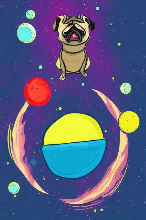 Image similar to planet pug floating in space, art by iktor miller gausa, sticker, colorful, illustration, highly detailed, simple, smooth and clean vector curves, no jagged lines, vector art, smooth