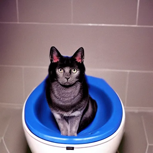 Image similar to Portra 400 a russian blue cat sitting on top of a german sheppherd in a space toilet