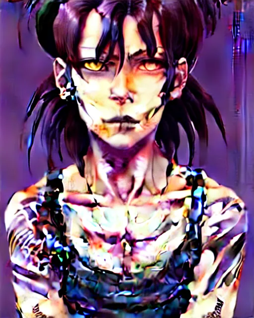 Image similar to a portrait of revy from black lagoon, black tank top, jean shorts, brown eyes, purple hair, tribal tattoos right arm sleeve, symmetrical eyes, symmetrical face, art by lois van baarle and loish and ross tran and rossdraws and sam yang and artgerm