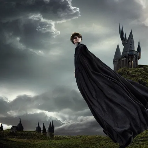 Image similar to Harry potter upright and levitating , back view, thunderclouds, cinematic shot, epic scale, waving robe movement, wand, photorealistic detail and quality, intricate ground stone, movie still, nighttime, crescent moon, sharp and clear, action shot, intense scene, visually coherent, symmetry, rule of thirds, movement, vivid colors, cool colors transitioning to warm colors, award winning, directed by Steven Spielberg, Christopher Nolan, Tooth Wu, Asher Duran, Greg Rutkowski