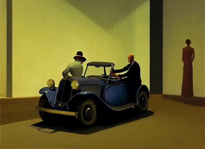 Image similar to aslouchy elegant old man with stands at citroen ds 1 9 in grim rome, highly detailed, soft lighting, elegant, by edward hopper and james gilleard, zdzislaw beksinski, steven outram, highly detailed