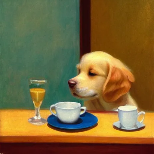 Prompt: golden retriever puppy sitting at a diner drinking a cup of coffee, looking melancholy, edward hopper,