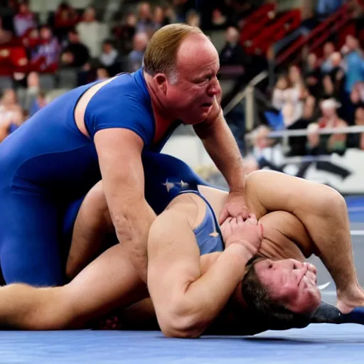 Image similar to alex jones is wearing a leotard and is wrestling on a wrestling mat with Joe Biden wearing an azov battallion uniform, they are both incontinent and have soiled and vomitted on the wrestling mat