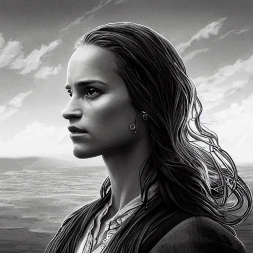 Image similar to alicia vikander. faces the sun. watches sunset. perfect anatomy. meticulous detail. black and white, highly detailed, smooth, sharp focus, chiaroscuro, manga illustration, artgerm, greg rutkowski, alphonse mucha, young adult light novel cover art