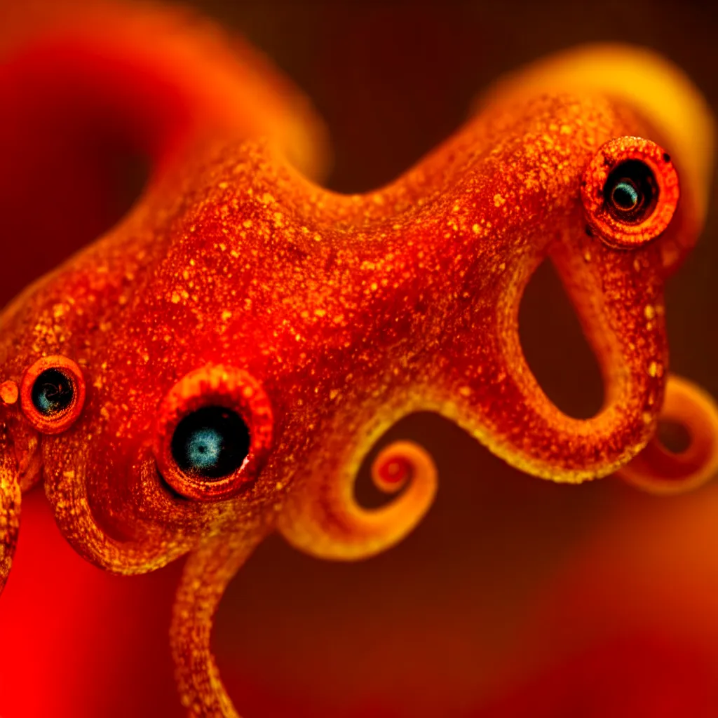 Image similar to fiery whimsical emotional eyes cephalopod, in a photorealistic macro photograph with shallow dof