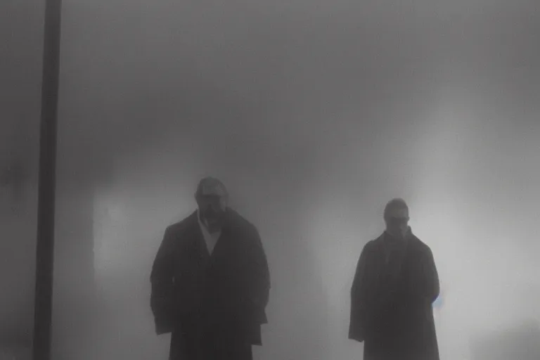 Image similar to a cinematic headshot portrait of an evil scientist, stood outside a corner shop, foggy, colour, detailed, deep focus, movie still, dramatic lighting, by fay godwin