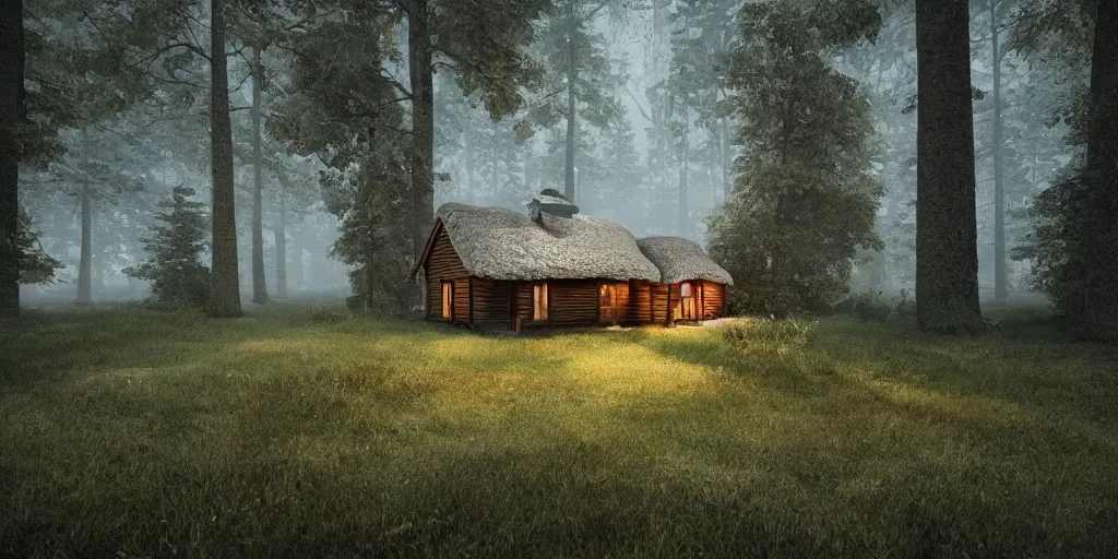 Image similar to a cottage in the woods and empty woods, 8k, fantasy, hyper realistic, dramatic lighting, cinematic