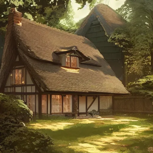 Prompt: concept art painting of an english european cottage with japanese architecture, in the woods, cozy, realistic, detailed, cel shaded, in the style of makoto shinkai and greg rutkowski and james gurney