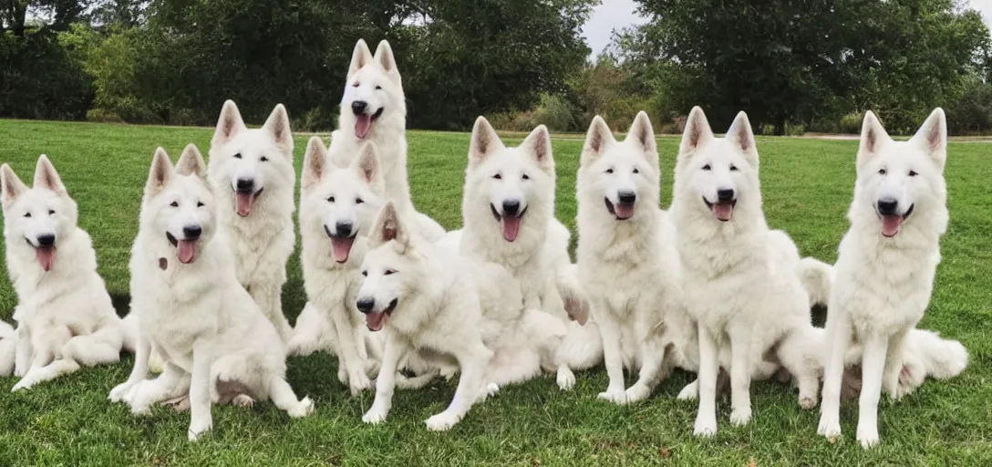 Image similar to 7 white shepherd dogs sitting around a table