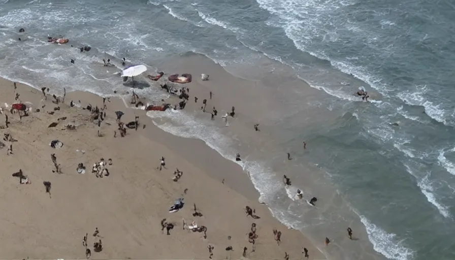 Image similar to gandalf attacks ancient athens, washed up on the beach. cnn news footage taken from above.