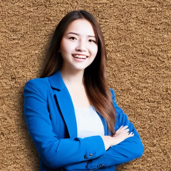 Prompt: portrait of 2 5 - year - old business woman with angle 1 0 0 ° centred looking away breading fresh air, strong spirit and look happy, background soft blue gradian