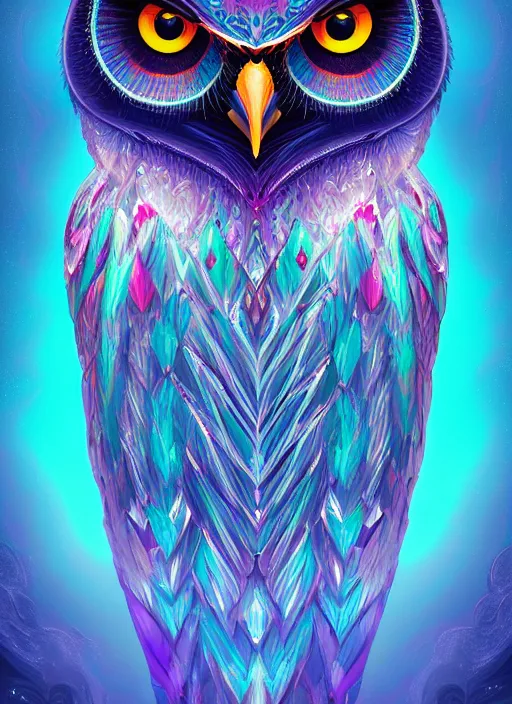 Image similar to symmetry!! product render poster vivid colors divine proportion owl, ice and snow, glowing fog intricate, elegant, highly detailed, digital painting, artstation, concept art, smooth, sharp focus, illustration,