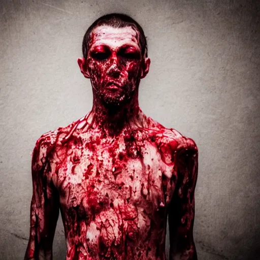 Image similar to ultra detailed photo of a man with many bloody arms covering his entire body