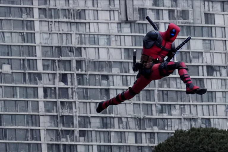 Image similar to 85mm Deadpool jumps off helicopter and smashes through high rise window by Emmanuel Lubezki