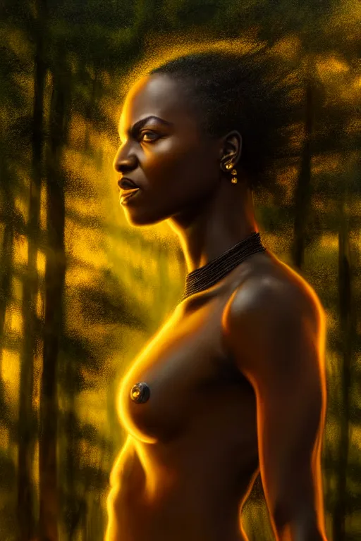 Image similar to hyperrealistic mithra black woman in armor in a forest sun behind her concept art eric zener elson peter cinematic side soft yellow light low angle hd 8k sharp shallow depth of field