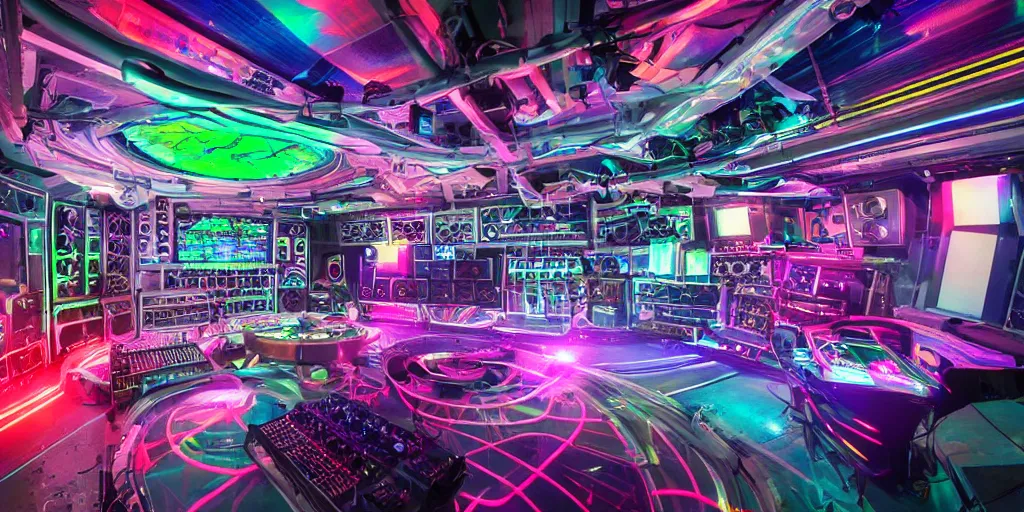 Image similar to giant speaker system audio visual holographic projection music recording studio in the interior of an international space station. filled with neon lights electronic dj equipment, modular synthesizer with cables everywhere. photorealistic 35mm 4k cgsociety