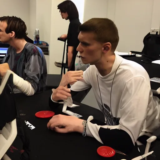 Prompt: white man with long neck at fighting game tournament