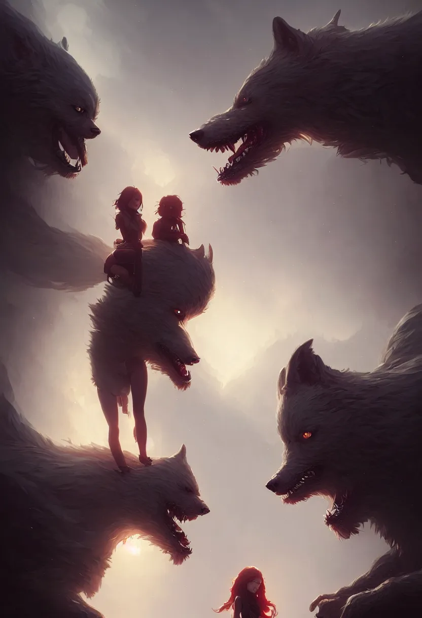 Prompt: book cover for a love story between a werewolf and red headed german girl, ultra high definition, ultra detailed, symmetry, fog, matte painting, by greg rutkowski and ross tran and wlop