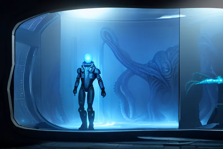 Prompt: off angle view of a mass effect soldier standing near a cthulhu lovecraft alien monster trapped inside a large round transparent science fiction glass containment chamber filled with blue liquid in a furnished science fiction spaceship laboratory, dramatic lighting, octane, red led lights, lens flare, trending on artstation, mist, mass effect, volumetric lighting