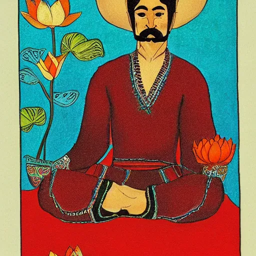 Image similar to mustachioed mexican vaquero sitting lotus position, persian folktale artstyle