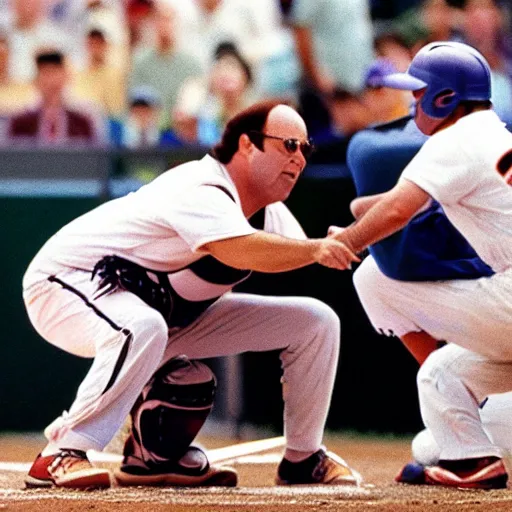 Prompt: george constanza preparing to bat a baseball ball