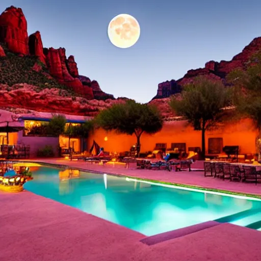 Prompt: full moon over a pool in a courtyard in the Sedona Arizona desert, people lounging, painting in the style of Max Ernst, incredible, 4k