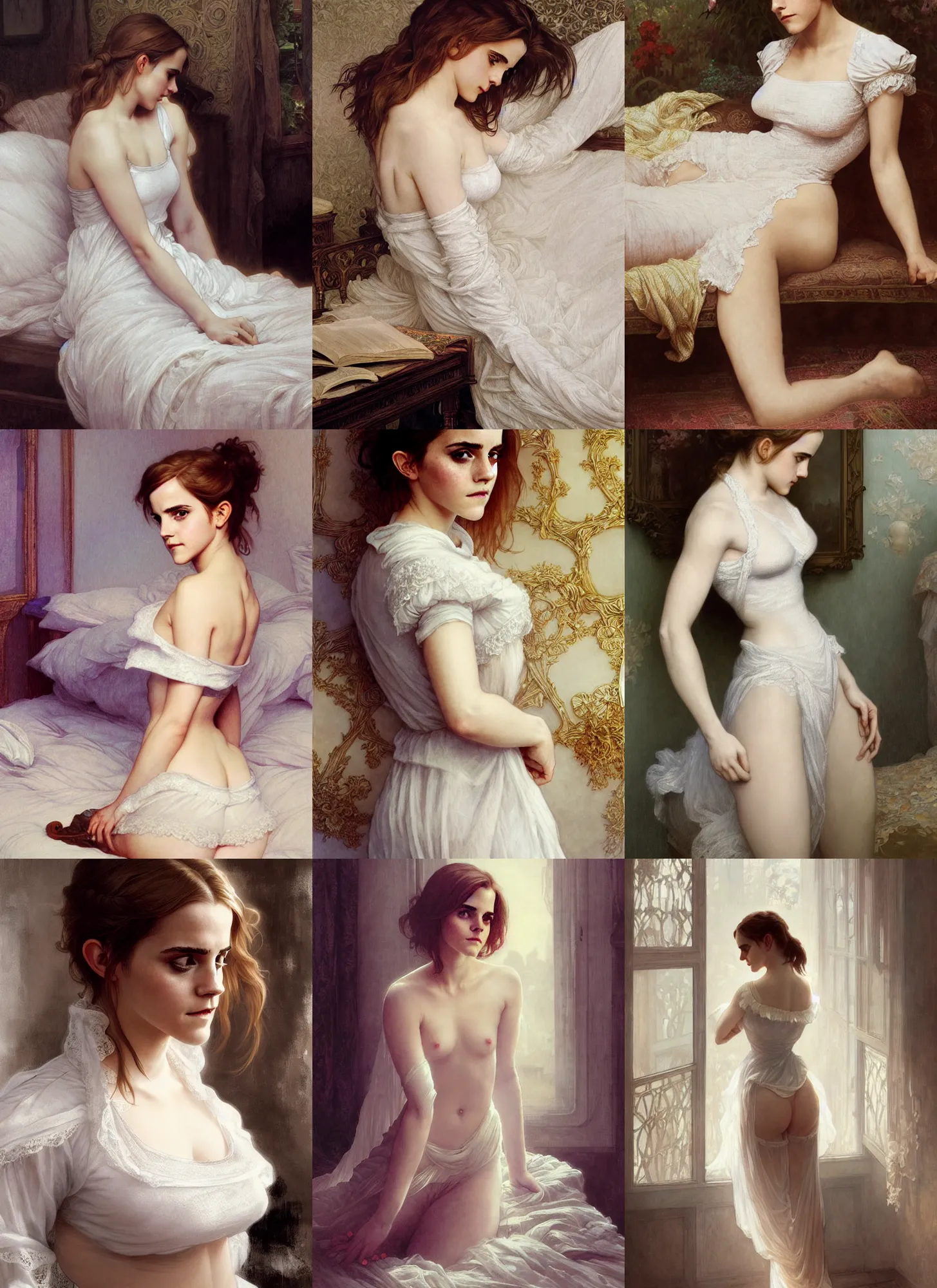 Prompt: emma watson in bedroom, white lace, highly detailed, digital painting, matte, sharp focus, art by artgerm, greg rutkowski, alphonse mucha, frank frzetta, boris vallejo, bouguereau, beksinski, cinematic