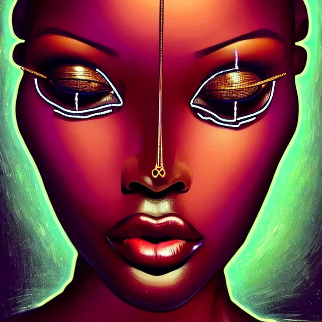 Prompt: african supermodel woman turning into an android portrait, dark surrealism, scifi, intricate, ornate, elegant, sharp eyebrows, platinum hair, highly detailed cybernetic body, neon glowing eyes, digital painting, artstation, concept art, smooth, sharp focus, illustration, art by artgerm and moebius and alphonse mucha
